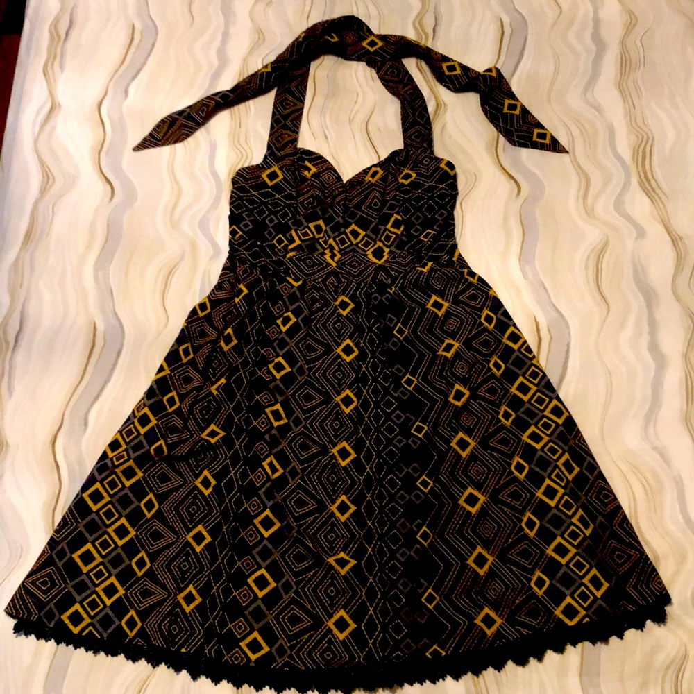 Anthropologie Navy and Mustard Halter Cotton Dress